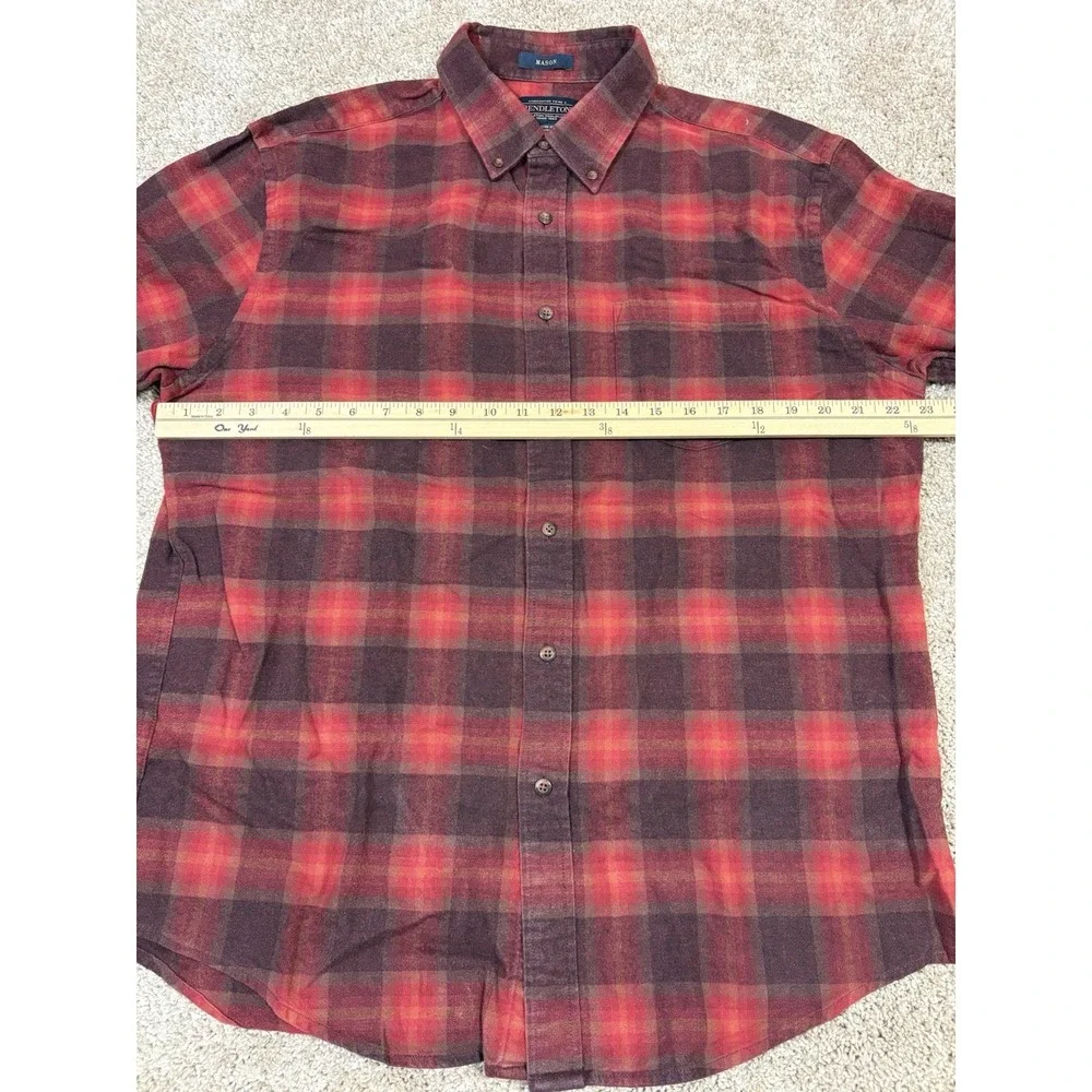 Pendleton Mason Flannel Shirt Mens L Red Burgundy Plaid Excellent Cotton‎ Button
